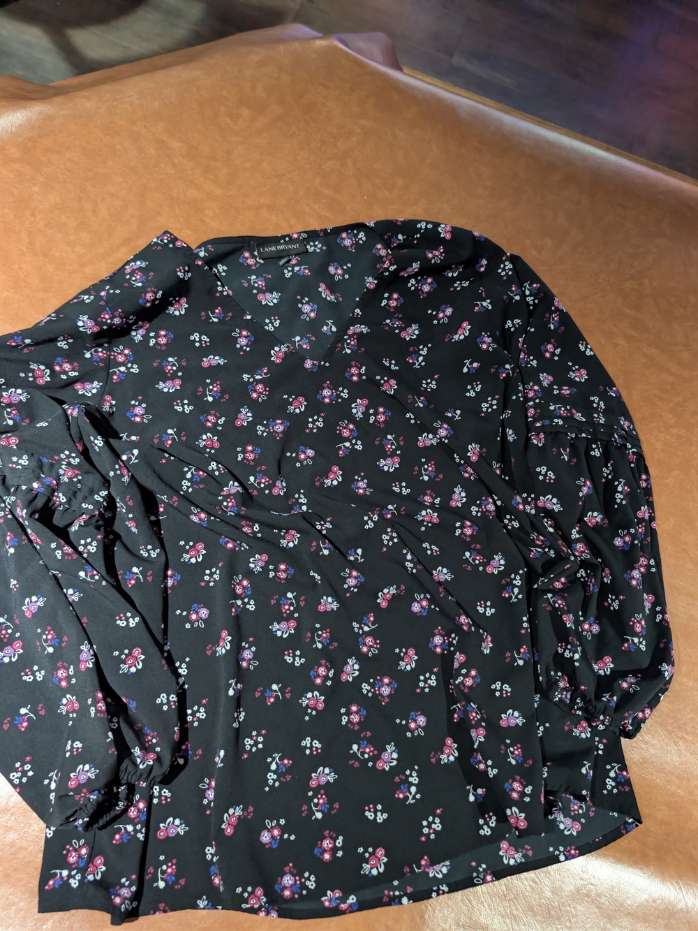 Lane Bryant Black Floral V-Neck Blouse with Pink and Purple Flowers